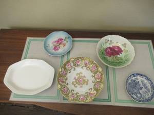 lot 11 image: VINTAGE NIPPON 10 HAND PAINTED RAISED DESIGN BOWL, ANTIQUE PS GERMANY 10 HAND PAINTED ROSE DESIGN, VINTAGE ROYAL ROSE PINK PLATE WHEELOCK AND COMPANY GERMANY, 11.5  IRONSTONE SERVING PLATTER MADE BY ADAMS AND SONS ENGLAND AND COBOL BLUE DISPLAY PLATE