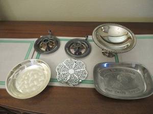 lot 15 image: 2 STERLING CANDLEHOLDERS, GIVE US OUR DAILY BREAD SERVING TRAY, SERVING PLATTER, HOT PLATE AND CANDY DISH