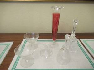 lot 17 image: GLASSWARES INCLUDING 2 DESSERT DISHES, 2 GLASS BELLS  ONE MADE BY BOHEMIA CRYSTAL, ROSE COLRED VASE AND GLASS CANDLEHOLDER