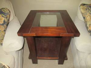 lot 22 image: ASHLEY FURNITURE COMPANY SOLID WOOD END TABLE WITH GLASS 24 X 26 X 25 MATCHES LOT 23 AND 34