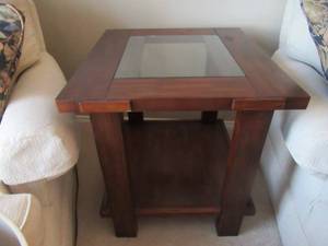 lot 23 image: ASHLEY FURNITURE COMPANY SOLID WOOD END TABLE WITH GLASS 24 X 26 X 25 MATCHES LOT 22 AND 34