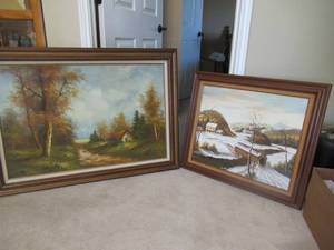 lot 36 image: 2 OIL ON CANVAS PAINTINGS SIGNED AND PROFESSIONALLY FRAMED COUNTRY SCENE BY T. LAUDER 43 X 32 AND SNOW COVERED BRIDGE BY R. MILLARO 30 X 26