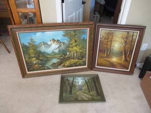 lot 37 image: OIL ON CANVAS PAINTINGS PROFESSIONALLY FRAMED. MOUNTAIN SCENE BY N HIGDON 44 X 32, WOODED SCENE BY CANTRELL 26 X 31 AND OLD COUNTRY ROAD BY LINDA BAYSINGER 23 X 19