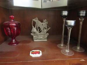 lot 50 image: VINTAGE RED GLASS CANDY DISH, PEWTER SPANISH GALLEON AND 3 ORNATE CANDLE STICKS