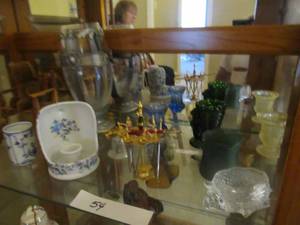 lot 54 image: METAL AND GLASS WITH CROSS DRINKING GOBLET, 5 COLLECTIBLE TOOTHPICK HOLDERS, SMALL BEAR IN ROCKING CHAIR AND MORE