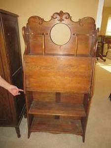 lot 58 image: ANTIQUE OAK SECRETARY DESK 31 X 12 X 62 OWNER HAS MIRROR FOR CENTER AT TOP NOT SHOWN IN PICTURE