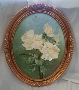 lot 237 image: Framed Oval Painting of White Flowers