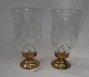 lot 342 image: 2 Brass Taper Candle Holders w Glass Shades