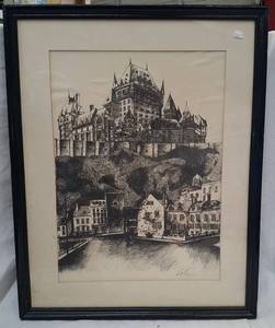 lot 358 image: Framed &amp Matted Drawing of a Castle on a Hill