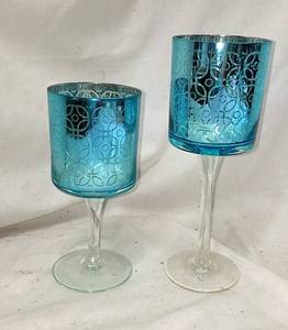 lot 371 image: 2 Glass Pillar Candle Holders