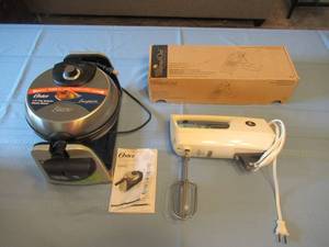 lot 37 image: OSTER FLIP BELGIAN WAFFLE MAKER MODEL CKSTWFBF21, PAMPERED CHEF MANDOLINE AND HAMILTON BEACH 9 SPEED MIXER