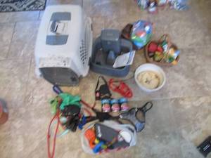 lot 76 image: PETSAFE DRINKWELL 12 GALLON PET FOUNTAIN, MEDIUM SIZED PET CARRIER, PRO PAN DOG FOOD, RECOVERY CONE, VARIOUS LEASHES MUZZLE AND TOYS