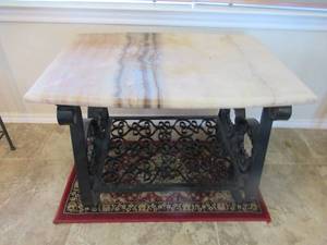 lot 80 image: ORNATE WROUGT BASE TABLE WITH MARBLE TOP 27 X 20 X 20