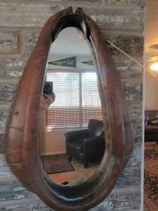 lot 85 image: ANTIQUE LEATHER HORSE YOKE MADE INTO AWESOME MIRROR 16 X 22
