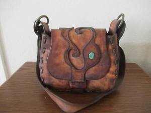 lot 108 image: HANDMADE AND TOOLED LEATHER HANDBAGPURSE WITH TURQUOISE INLAID