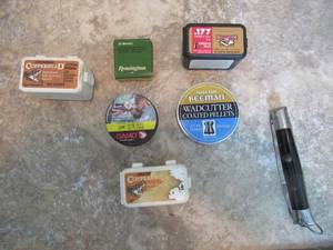 lot 143 image: 2 CROSMAN COPPERHEAD PELLETS, COPPERHEAD .177 PELLETS, BEEMAN WAD CUTTER PELLETS, GAMO PELLETS, REMMINGTON .22 BLANKS AND RARE VINTAGE RIZZUTO MILANO ITALIAN STILETTO KNIFE