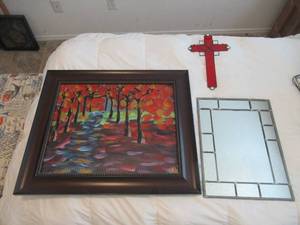 lot 154 image: OIL ON CANVAS PAINTING 26 X 22, MIRROR AND LEAD MIRROR 16 12 X 12 12 AND RED GLASS 13 CROSS
