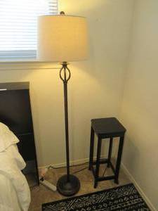 lot 158 image: FLOOR LAMP WITH METAL BASE 58 AND WOOD PLANT STAND 10 X 10 X 25