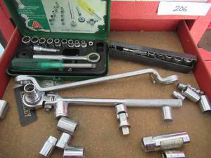 lot 207 image: TOOLS INCLUDING RACHET AND SOCKETS, PLIERS, SCREWDRIVERS, WOOD PLANE, FILES, SCRAPERS, WRENCHES, DREMEL ATTACHMENTS, ASSORTED DRILL BITS AND MUCH MORE