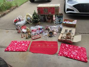 lot 232 image: TARGET 4 12 LIT FINWOOD CASHMERE PINE CHRISTMAS TREE, DECORATIVE METAL TREE, SMALL FAUX TREE, CERAMIC SANTAS, SANTA BELLS, SMALL NUTCRACKES, WREATHES AND MUCH MORE