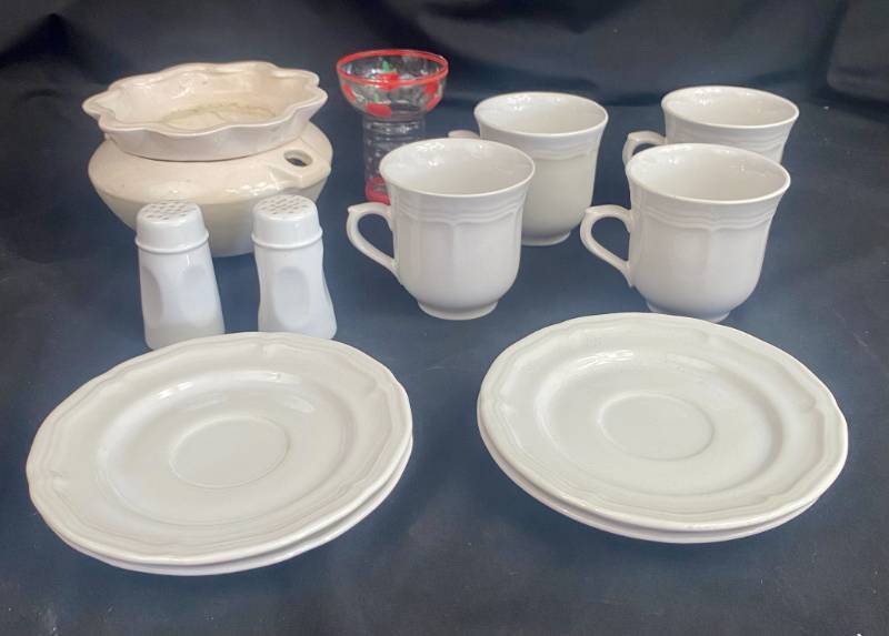 lot 62 image: Country White Stoneware - 4 Cups & Saucers, Salt & Pepper Shakers and a few Miscellaneous pieces