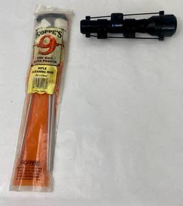 lot 4 image: Brownells Scope w2 mounts attached and lens covers Hoppes 22cal Rifle Cleaning Rod with pads