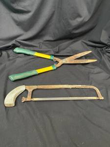 lot 8 image: Vintage Hack Saw and Outdoor Trimming tools