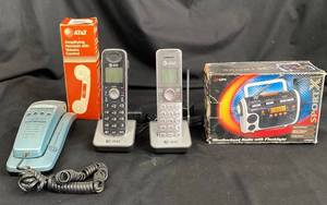 lot 56 image: ATT Cordless Phones vintage ATT Amplifying Headset Caller ID Corded Phone Weatherband Radio with Flashlight