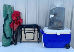 lot 70 image: Igloo Cooler with wheels Sleeping Bag, Stadium Seat 2 Camping Chairs