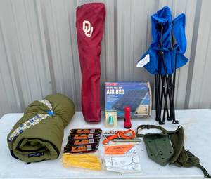 lot 73 image: Camping Gear - Game Hoist Starter Logs, Air Bed, Sleeping Bags, Camping Chairs