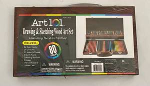 lot 86 image: Art 101 Drawing and Sketching Wood Art Set 80 pieces in Wooden Carrying Case (unopened)