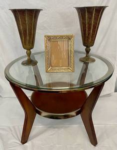 lot 120 image: Vintage Round Occasional Table with Glass top Decorative Metal Vases Small Picture Frame