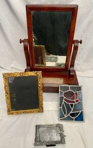 lot 11 image: Cherry Finish Dresser Vanity Mirror and Stained Glass Wall Hanging, Gold Frame and Silver Decorative Frame