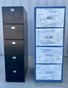 lot 14 image: Vintage 5 Drawer Metal Filing Cabinet and Wooden 4 Drawer Upright Filing Cabinet