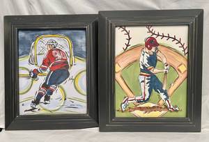 lot 17 image: Renditions by Reesa Hand Painted on Canvas (Hockey and Basketball)