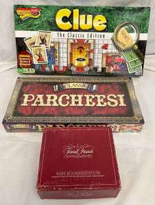 lot 35 image: Parcheesi (unopened) Clue The Classic Edition & Trivia Pursuit Baby Boomer Edition
