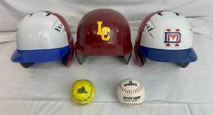 lot 57 image: 3 Rawlings Batting Helmets and 2 softballs