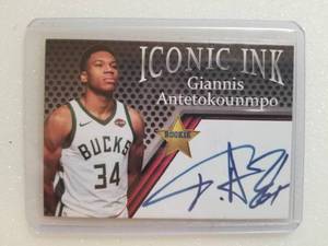 lot 150 image: Giannis Antetokounmpo Iconic Ink Rookie Basketball card and Buck plate -