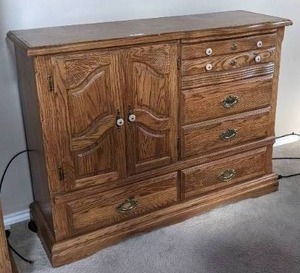 lot 32 image: Pacific Frames Ind. Wood Dresser about 55 inches wide, 41 inches tall and 17 deep. Item is on the second floor.