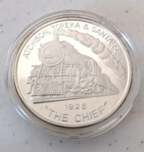 lot 37 image: 1926 The CHIEF Topeka Atchinson Santa Fe Locomotive Train 1oz .999 Fine Silver Coin.