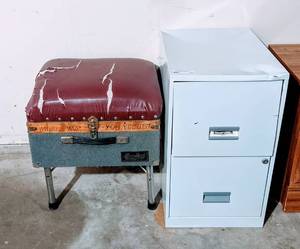 lot 53 image: 2 Drawers File Cabinet and Hand Made Stool with Inside Compartment.