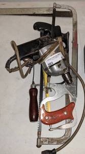 lot 63 image: Various hacks saws and drill.