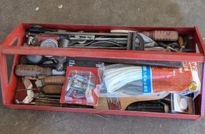 lot 124 image: 19 Red Tool Tray with many Tools to include Ping Hammer, Pliers, Screwdrivers, Wrenches, and Much More