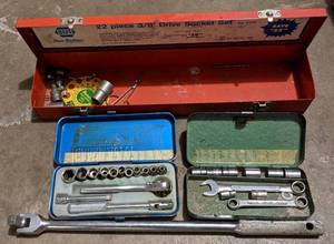 lot 123 image: Socket Sets and more includes red metal carry case.