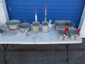 lot 43 image: LOT- Deep Fryer Pans, Baskets  And Turkey Hanger and Hooks
