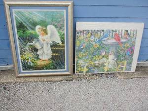 lot 73 image: 2-Puzzle Art Prints, 1-Framed Dona Gelsinger- An Angels Gift  and 1 Matted Birds And Cat
