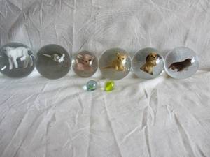 lot 24 image: Lot Of  6- Vintage Collectable, Clear Glass Sulphide Like Marbles With Characters Inside, 5-Large and 1-Medium