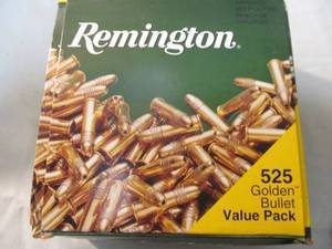 lot 52 image: 1-Box Of Remington Golden Bullet, 22-LR, 36-Gr. Cartridges, Brass Plated, Hollow Points, 525-Rounds In A Box.