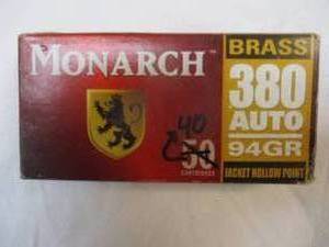 lot 72 image: Box of 40-Rounds Of Monarch-BRASS .380-94Gr. Jacket Hollow Point Cartridges