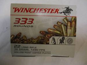 lot 75 image: 1-Box Of WINCHESTER, 22-LR, 36-Gr. Cartridges, Copper Plated, Hollow Points, 333-Rounds In A Box.